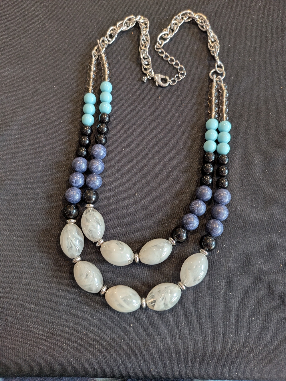 Double-Strand White,Blue, Black & Gray Beaded Necklace 11.5"